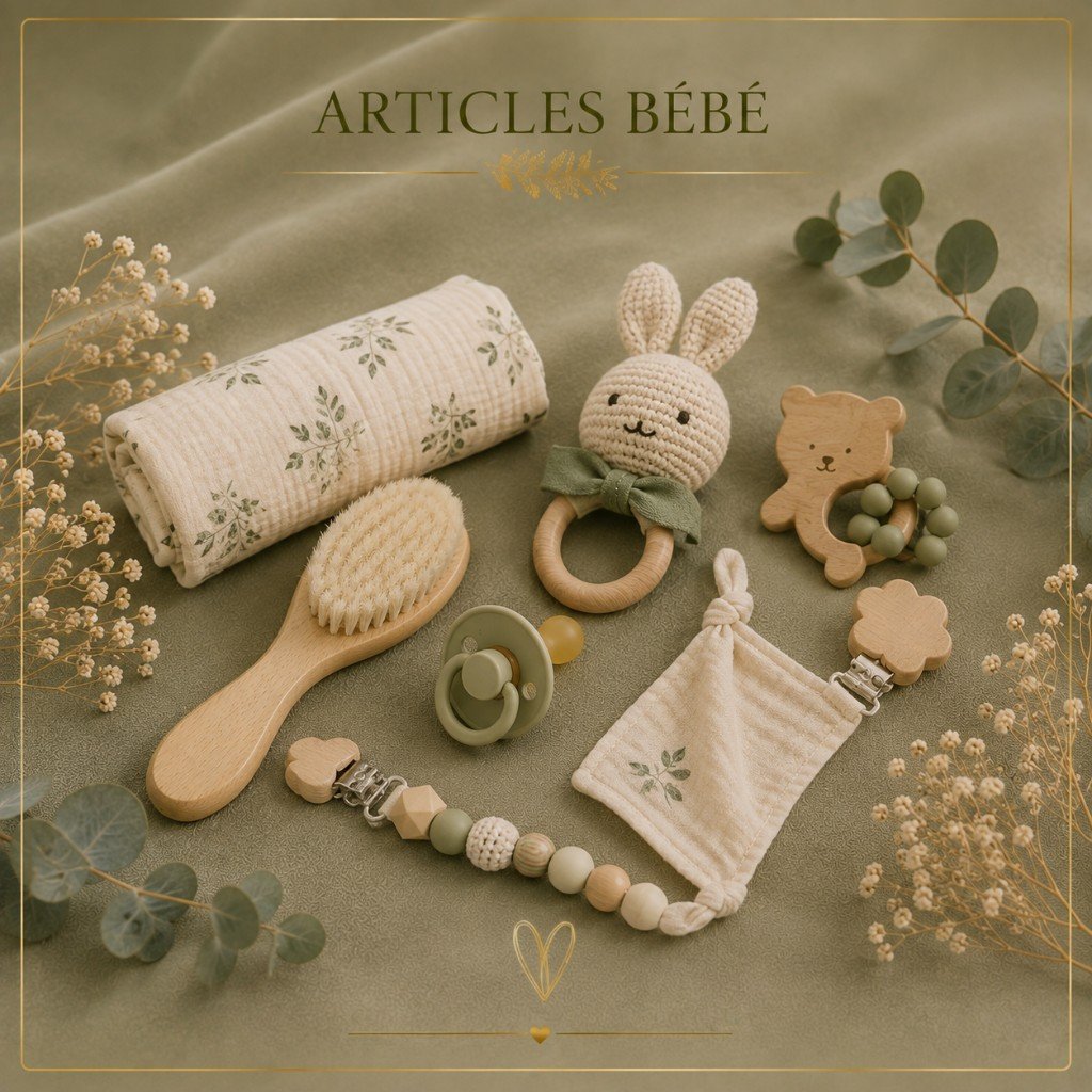 Articles bébé Edéa : lange, brosse en bois, hochet lapin et anneau de dentition
